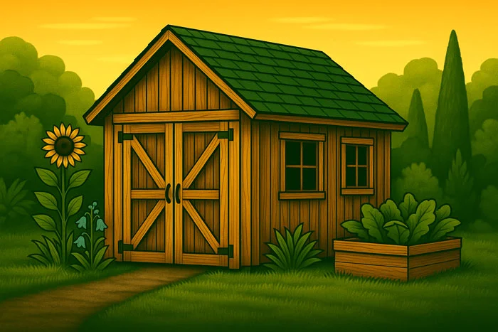 illustration of workshop and garden