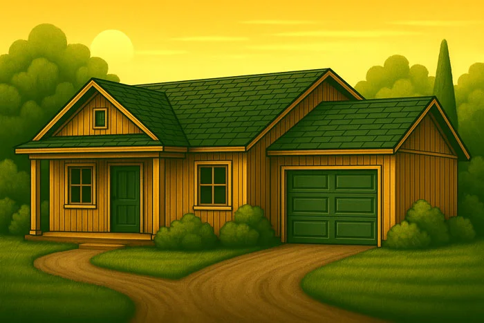 illustration of house with garage with landscaping
