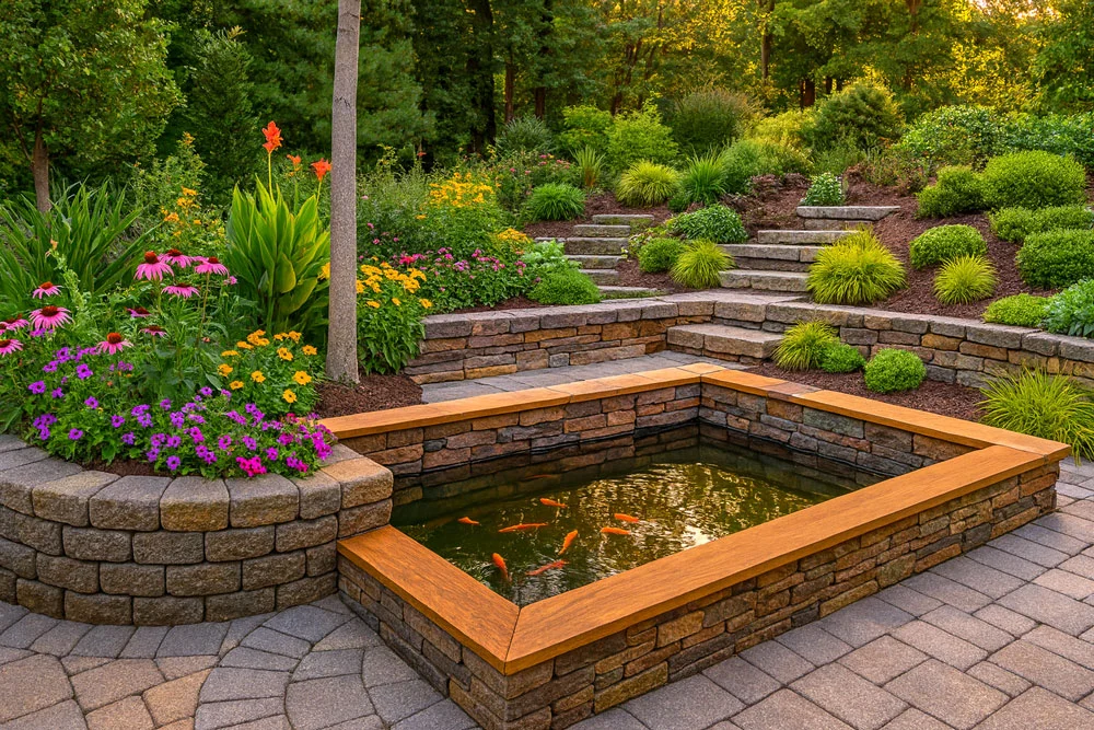 outdoor landscaping around a pond with koi