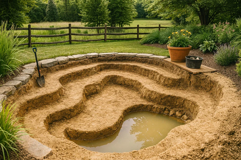 outdoor pond construction and shelving by green team builders