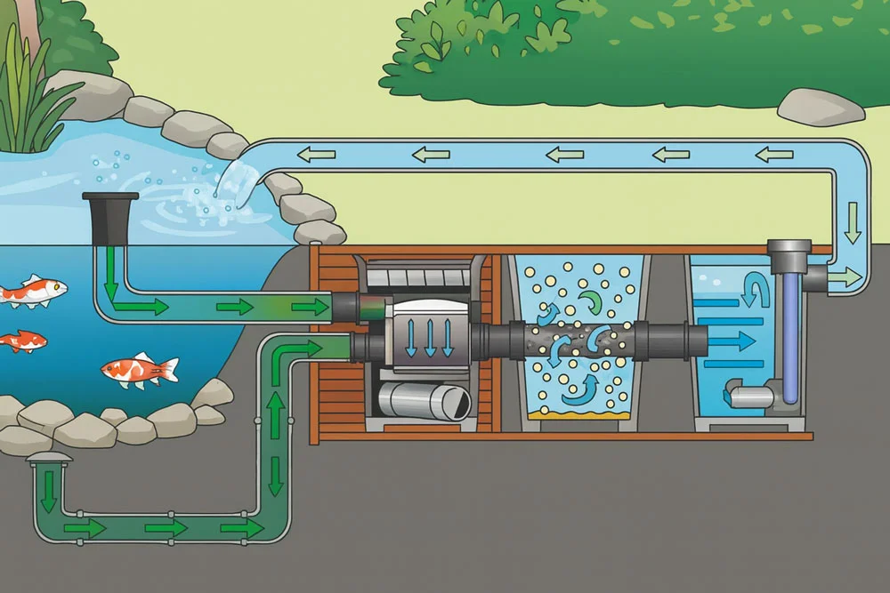 pond filtration diagram showing water flow from filter to pond with koi