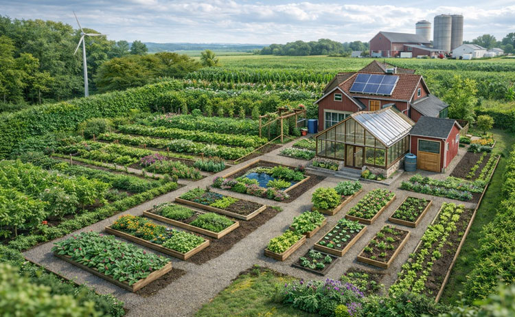 Picture of a garden plot with a greenhouse, raised bed gardens, and lush orchards
