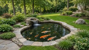 Conceptual residential koi pond with landscaped water garden, suitable as a website featured image (not a completed Green Team Builders project photo)
